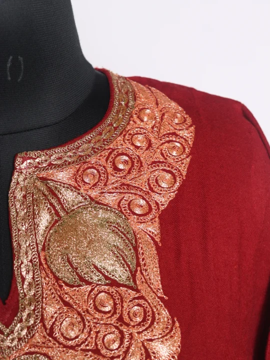 Red Kashmiri Pheran In Raffal Wool With Botte Tilla Embroidery | Fauzia - Image 3
