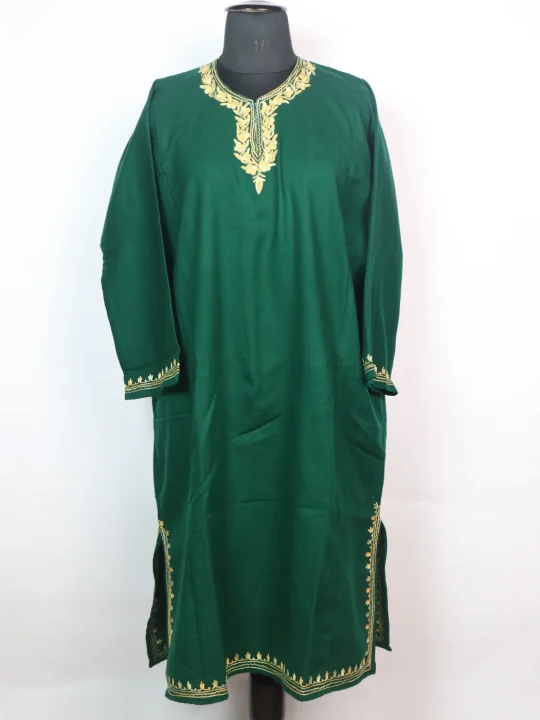 Azra Kashmiri Pheran In Cashmilon wool With Aari Embroidery | Green