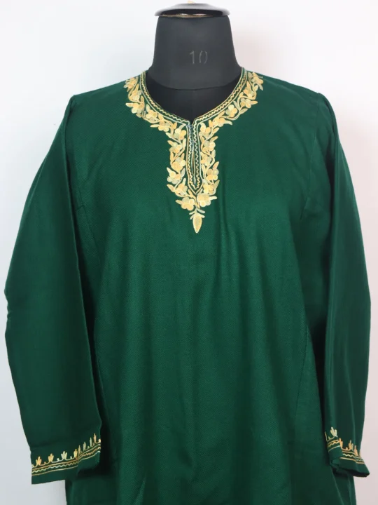 Azra Kashmiri Pheran In Cashmilon wool With Aari Embroidery | Green - Image 2