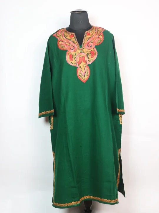 Dua Kashmiri Pheran In Cashmilon wool With Aari Embroidery | Green