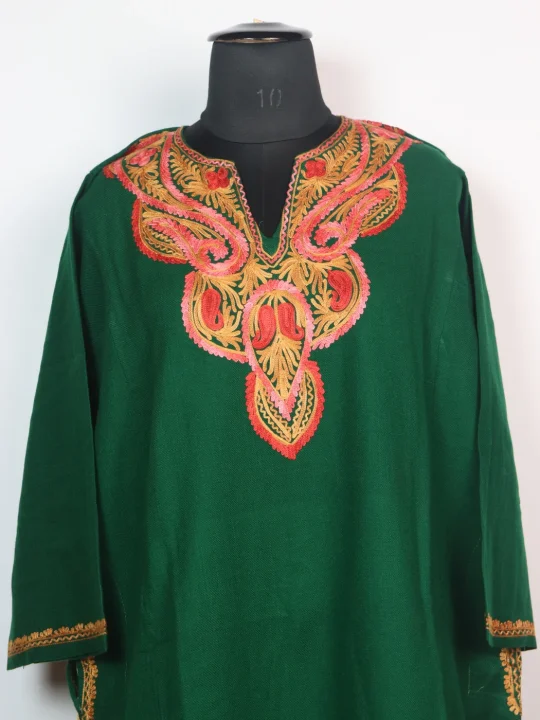 Dua Kashmiri Pheran In Cashmilon wool With Aari Embroidery | Green - Image 2