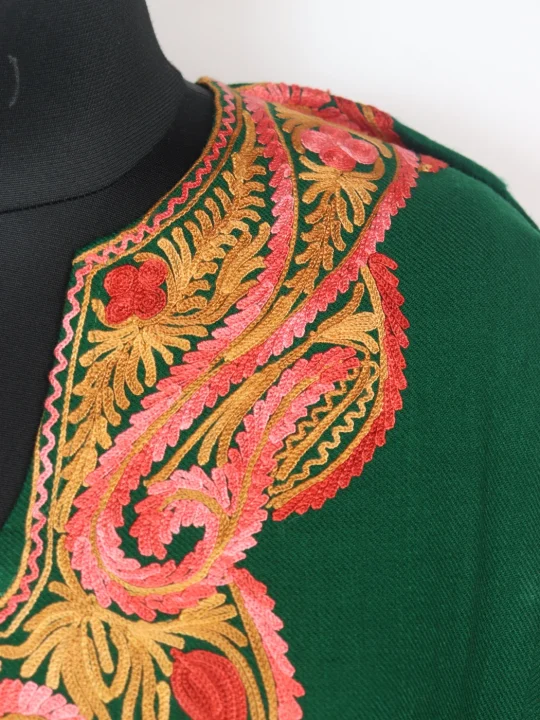 Dua Kashmiri Pheran In Cashmilon wool With Aari Embroidery | Green - Image 3