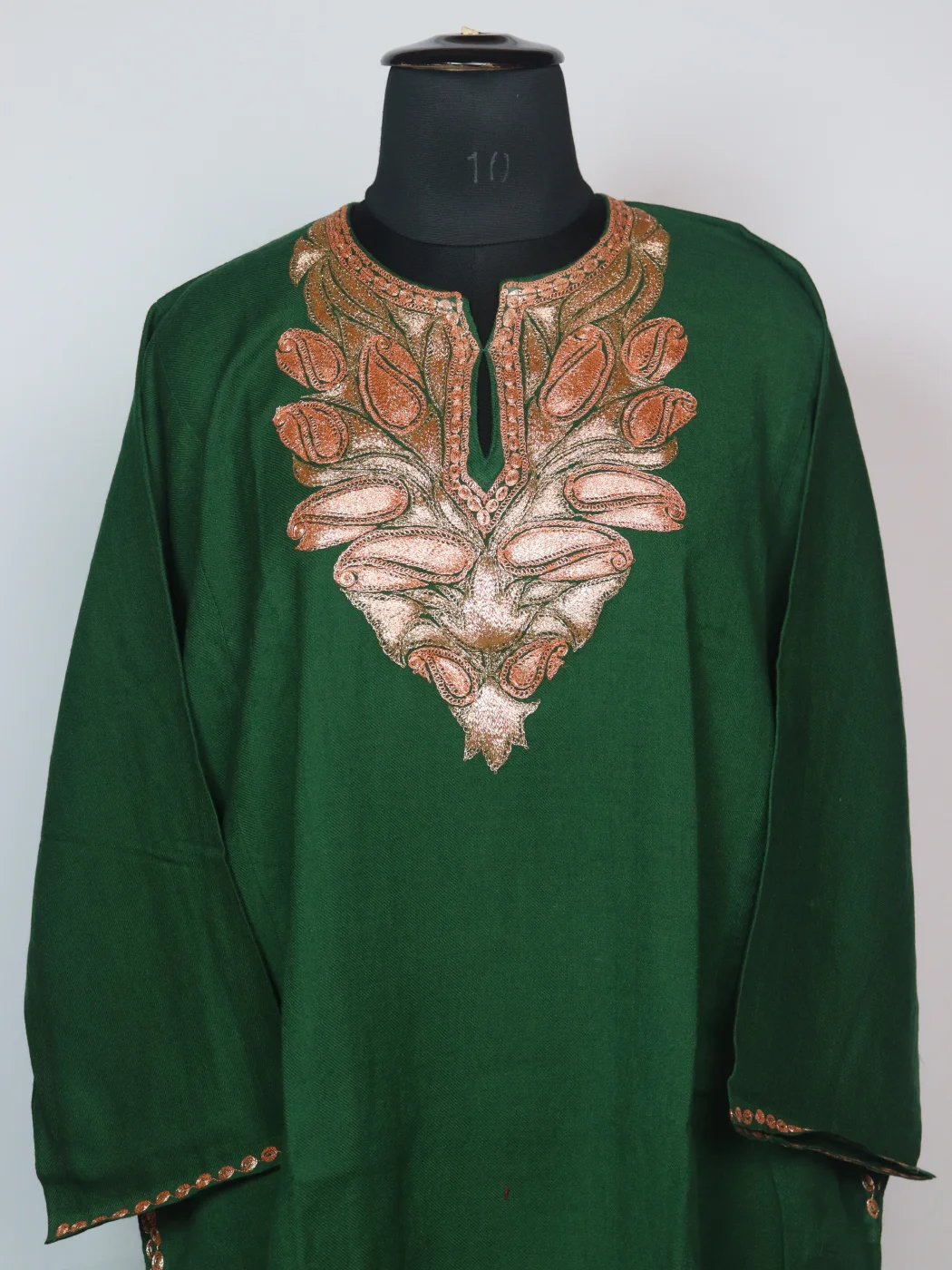 Green Kashmiri Pheran In Raffal Wool With Botte Tilla Embroidery | Mahira - Image 2