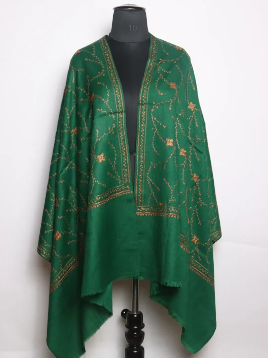 Green Kashmiri Stole In Polywool With Hand Sozni | Farzana