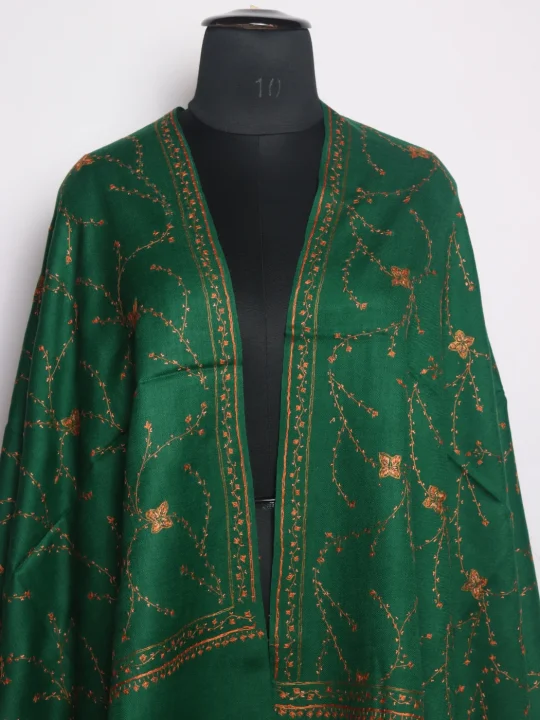 Green Kashmiri Stole In Polywool With Hand Sozni | Farzana - Image 2