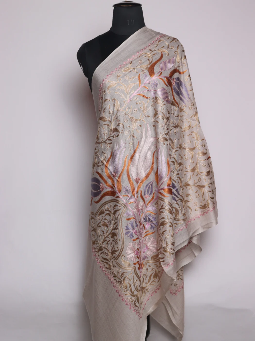 Grey Kashmiri Stole In Fine Wool With Aari Embroidery | Zehreen