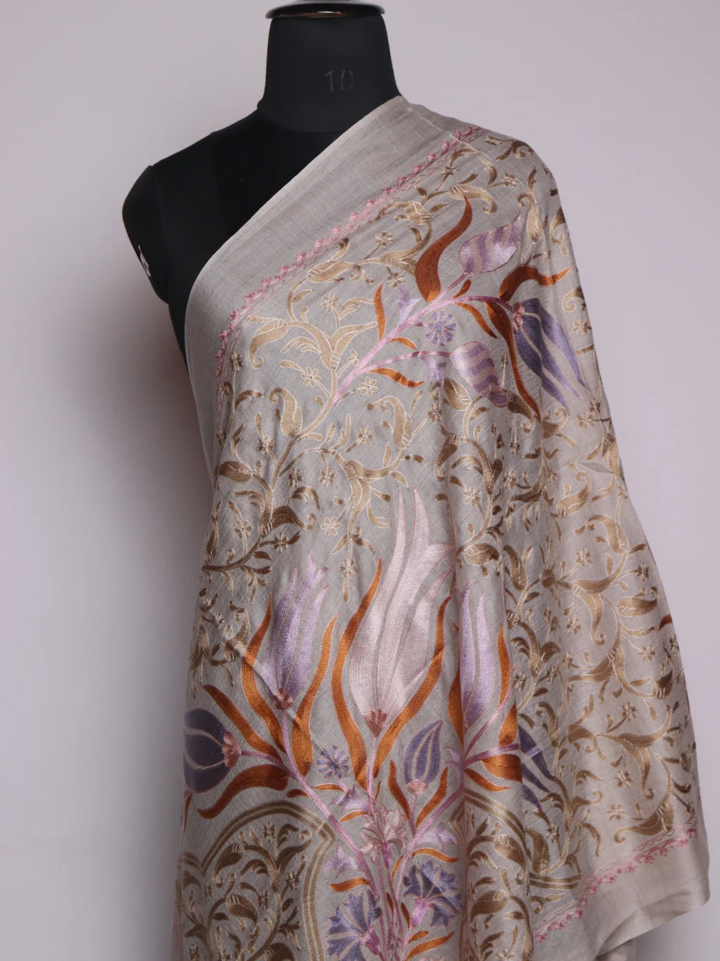 Grey Kashmiri Stole In Fine Wool With Aari Embroidery | Zehreen - Image 2