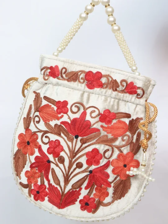 Gul Kashmiri Potli Bag With Aari Embroidery In Velvet | White