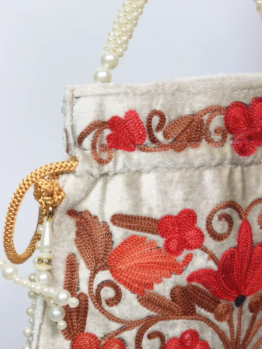 Gul Kashmiri Potli Bag With Aari Embroidery In Velvet | White - Image 2