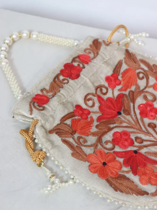 Gul Kashmiri Potli Bag With Aari Embroidery In Velvet | White - Image 3