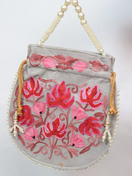 Kashmiri Potli Bag In Grey Velvet With Aari Embroidery | Gul