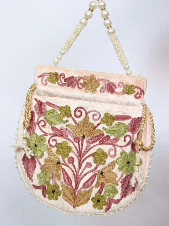 Kashmiri Potli Bag Gul In Peach Velvet With Aari Embroidery
