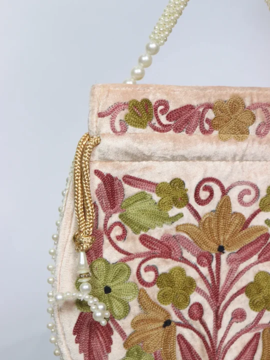 Kashmiri Potli Bag Gul In Peach Velvet With Aari Embroidery - Image 2