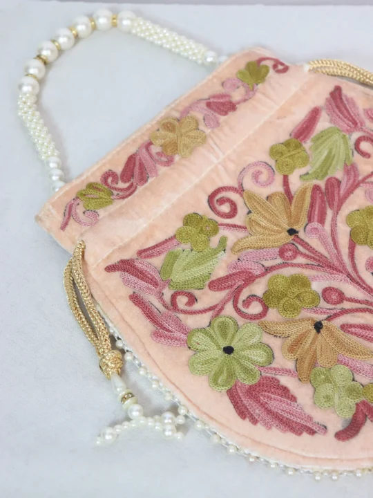 Kashmiri Potli Bag Gul In Peach Velvet With Aari Embroidery - Image 3