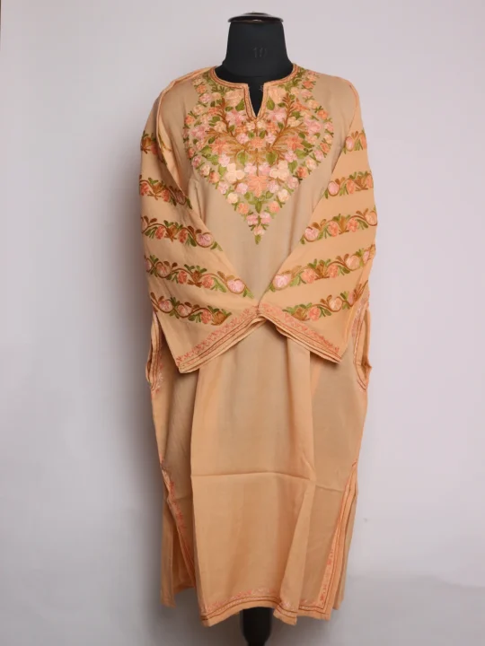 Gulafroz Kashmiri Pheran In Raffal Wool With Aari Embroidery | Peach