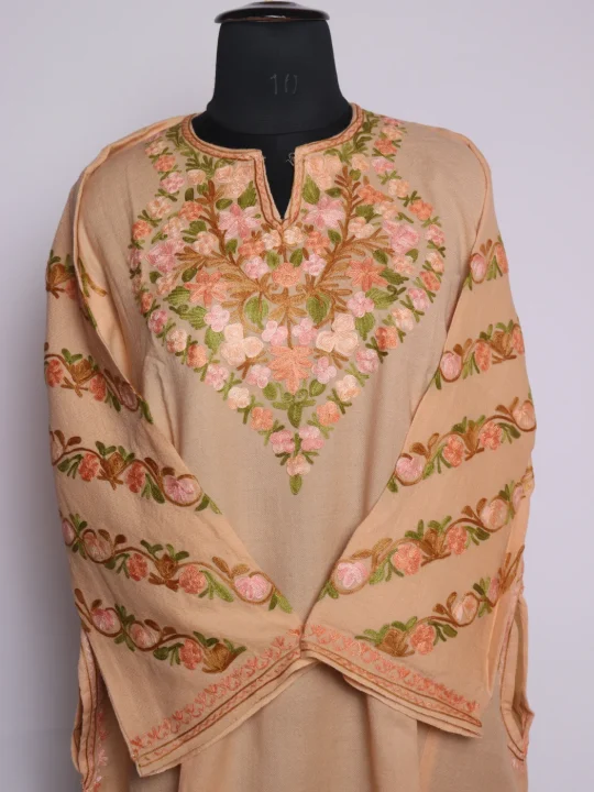 Gulafroz Kashmiri Pheran In Raffal Wool With Aari Embroidery | Peach - Image 2