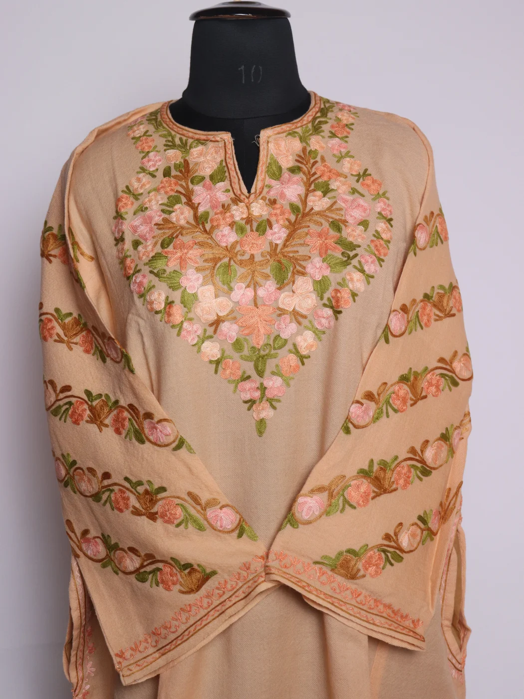 Gulafroz Kashmiri Pheran In Raffal Wool With Aari Embroidery | Peach - Image 2