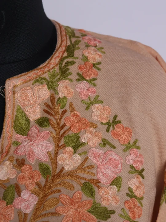 Gulafroz Kashmiri Pheran In Raffal Wool With Aari Embroidery | Peach - Image 3