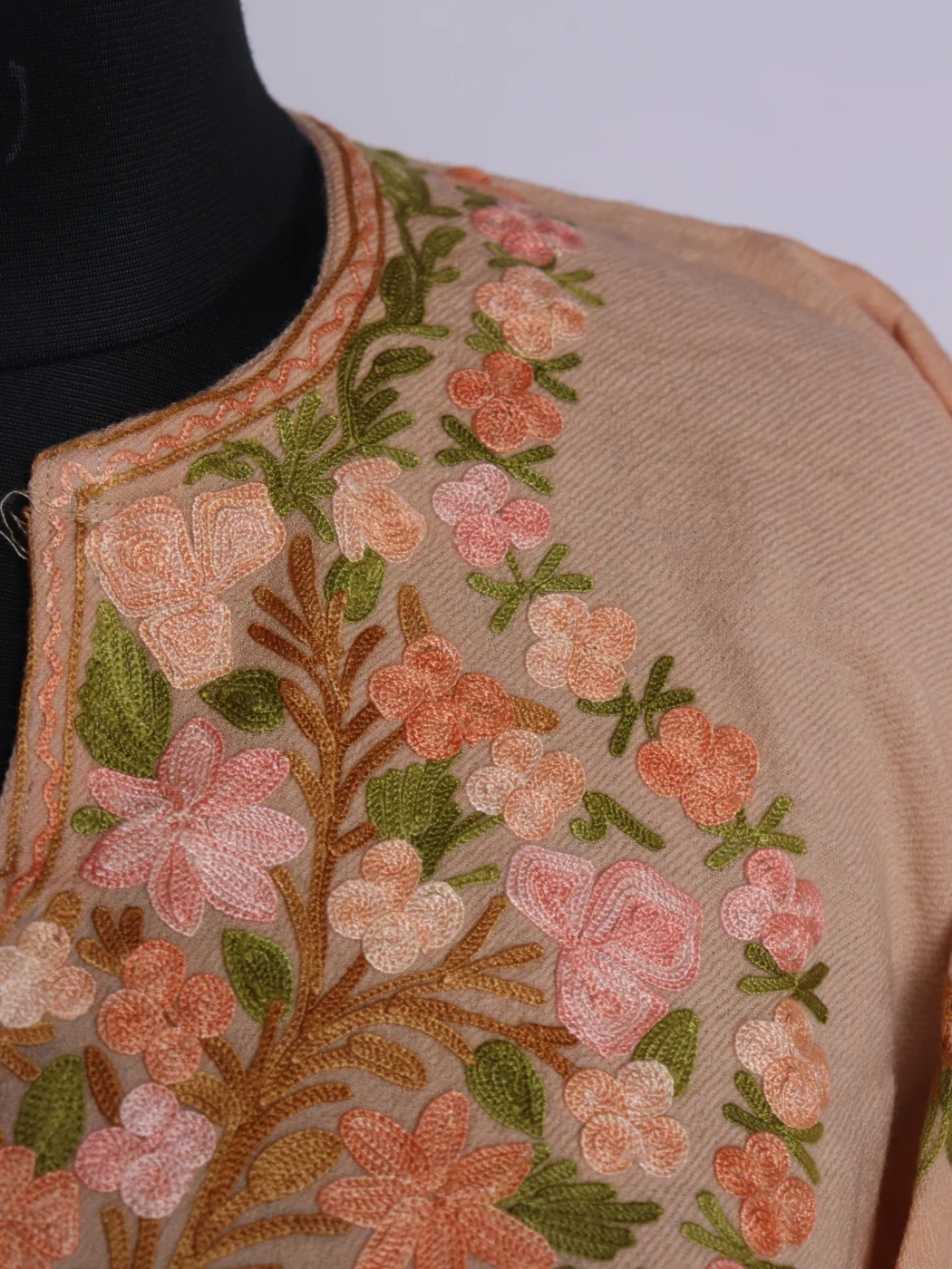 Gulafroz Kashmiri Pheran In Raffal Wool With Aari Embroidery | Peach - Image 3