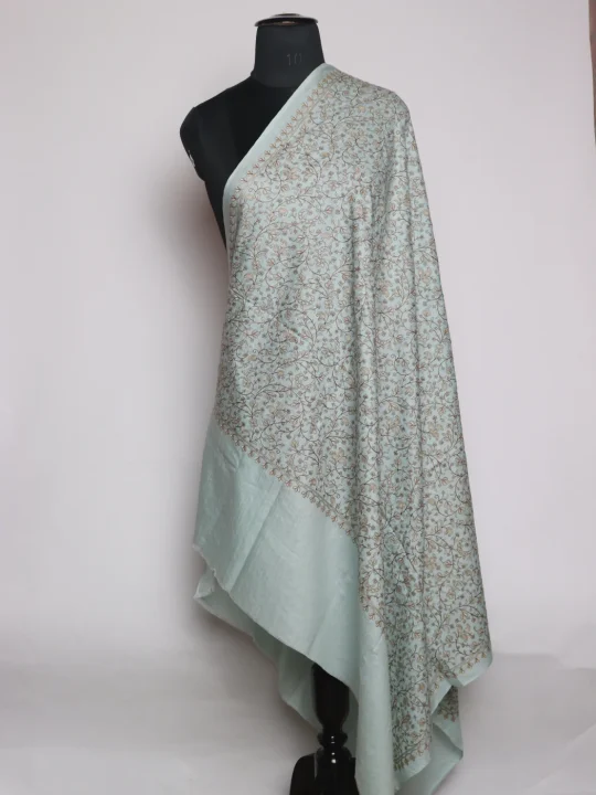 Gulrukh Kashmiri Shawl In Fine Wool With Sozni Embroidery | Ice Blue