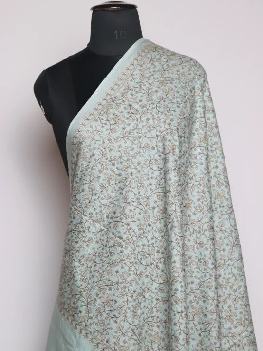 Gulrukh Kashmiri Shawl In Fine Wool With Sozni Embroidery | Ice Blue - Image 2