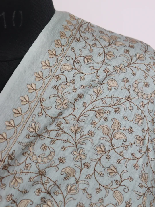 Gulrukh Kashmiri Shawl In Fine Wool With Sozni Embroidery | Ice Blue - Image 3