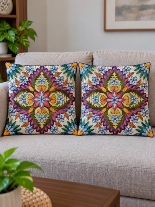 Hadiya Kashmiri Cushion Covers With Hand Chain-Stitch Embroidery | Set of 2 | 16*16 Inches