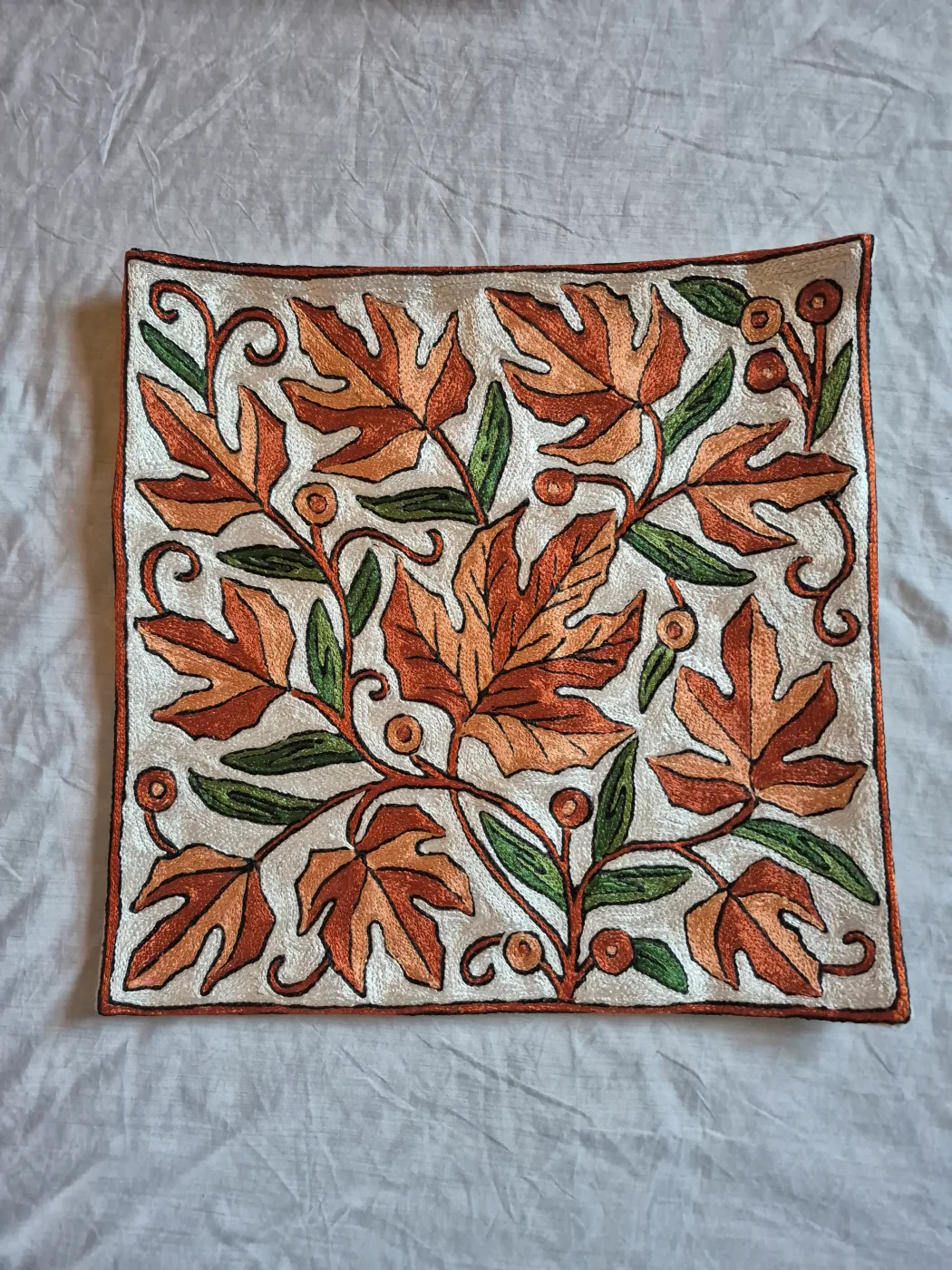 Haleema Kashmiri Cushion Cover With Hand Chain-Stitch Work | Set of 2 | 16*16 Inch - Image 3