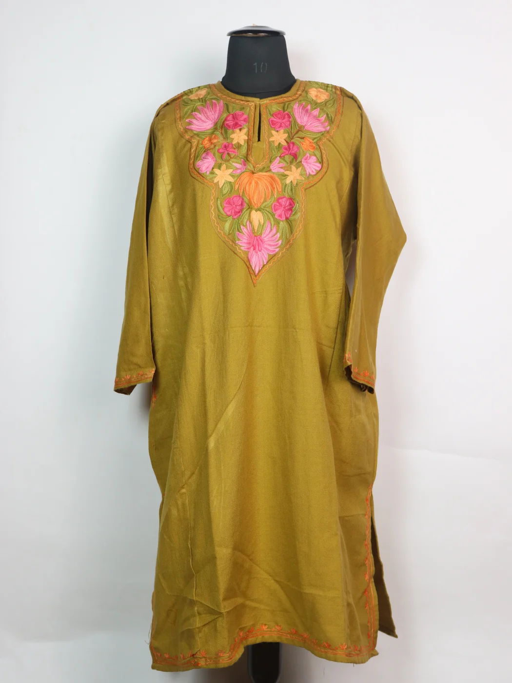 Huda Kashmiri Pheran In Cashmilon wool With Aari Embroidery | Mustard