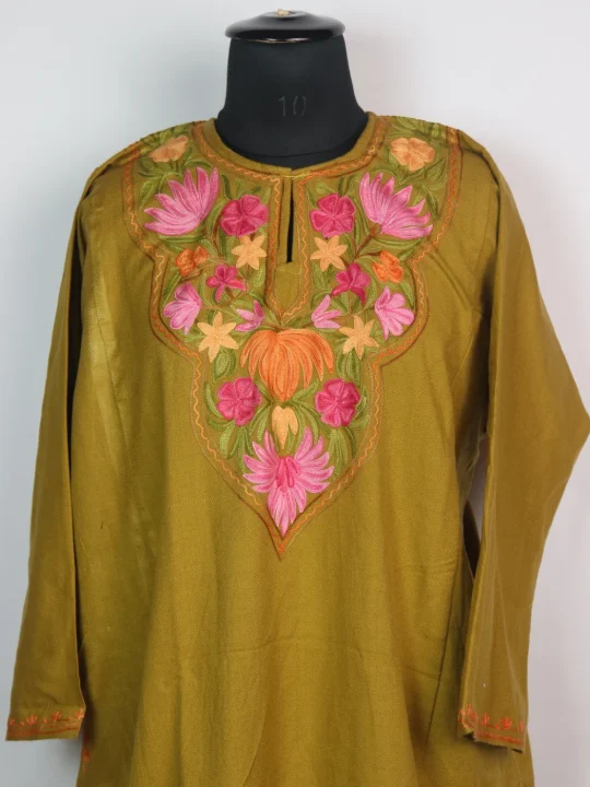Huda Kashmiri Pheran In Cashmilon wool With Aari Embroidery | Mustard - Image 2