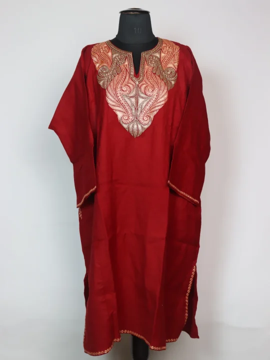 Humaira Kashmiri Pheran In Raffal Wool With Botte Tilla Embroidery | Red