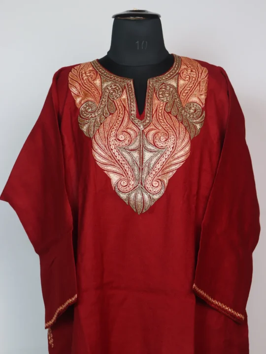 Humaira Kashmiri Pheran In Raffal Wool With Botte Tilla Embroidery | Red - Image 2