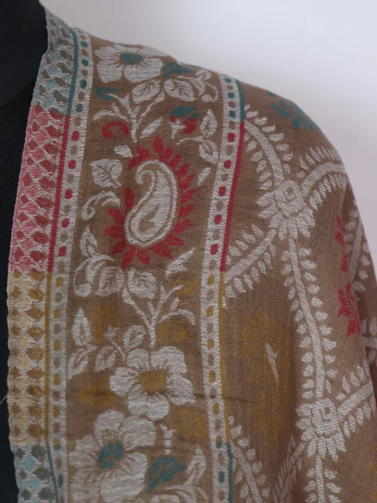 Imra Kashmiri Stole With Kani Pattern For Women In Fine Wool | Beige - Image 3