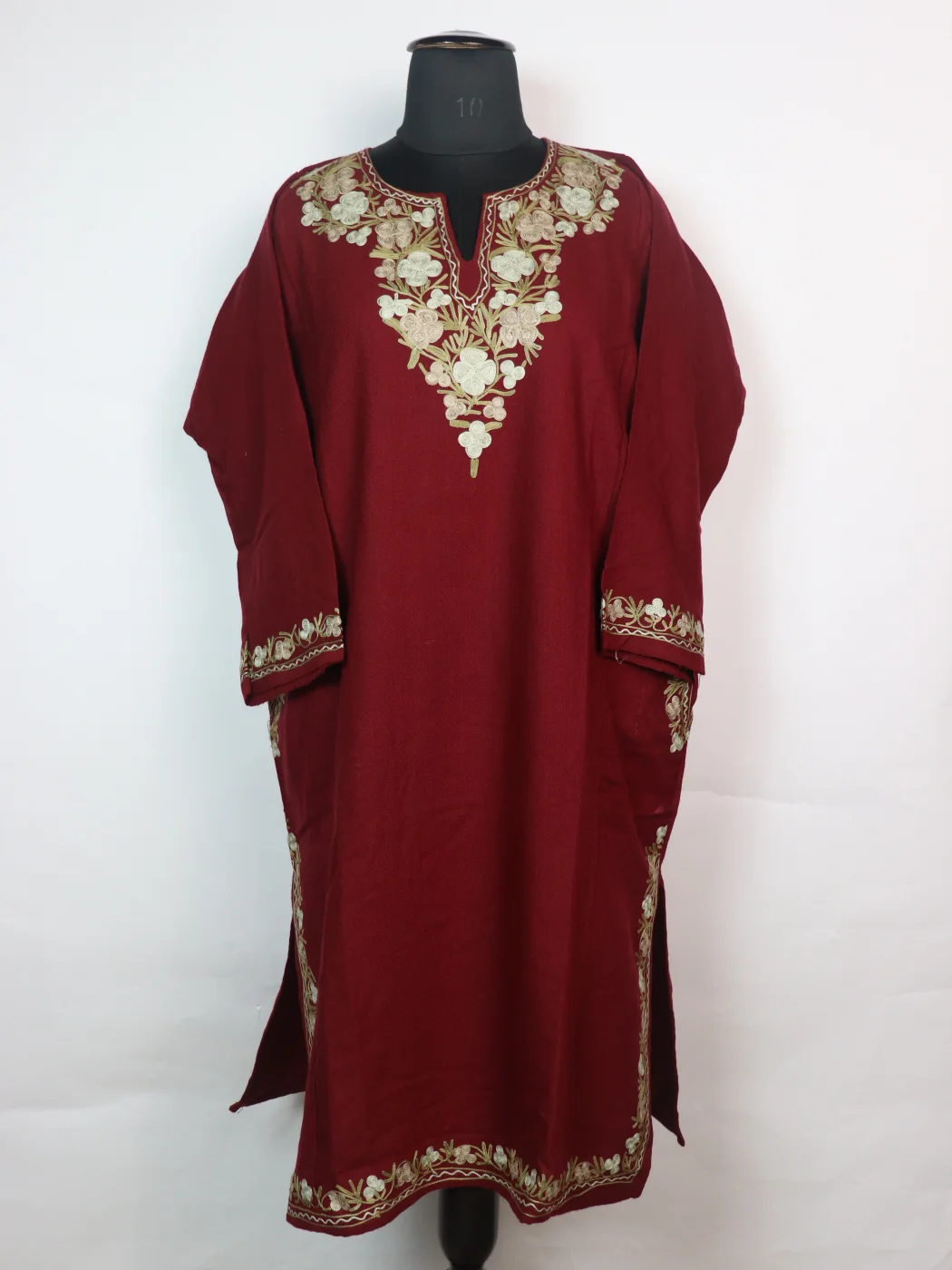 Insha Kashmiri Pheran In Cashmilon wool With Aari Embroidery | Maroon