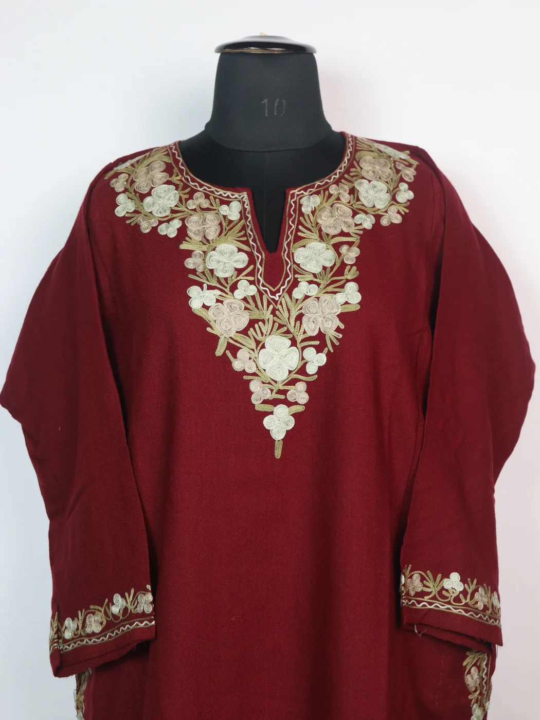 Insha Kashmiri Pheran In Cashmilon wool With Aari Embroidery | Maroon - Image 2
