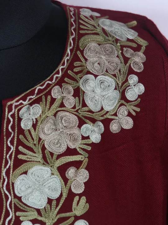 Insha Kashmiri Pheran In Cashmilon wool With Aari Embroidery | Maroon - Image 3