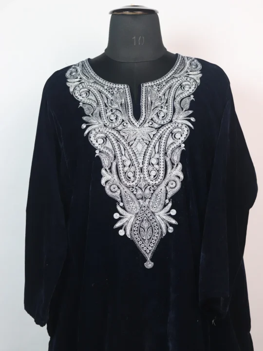 Areeba Kashmiri 3 Piece Pheran Set In Velvet With Zari Tilla Embroidery | Navy Blue - Image 2