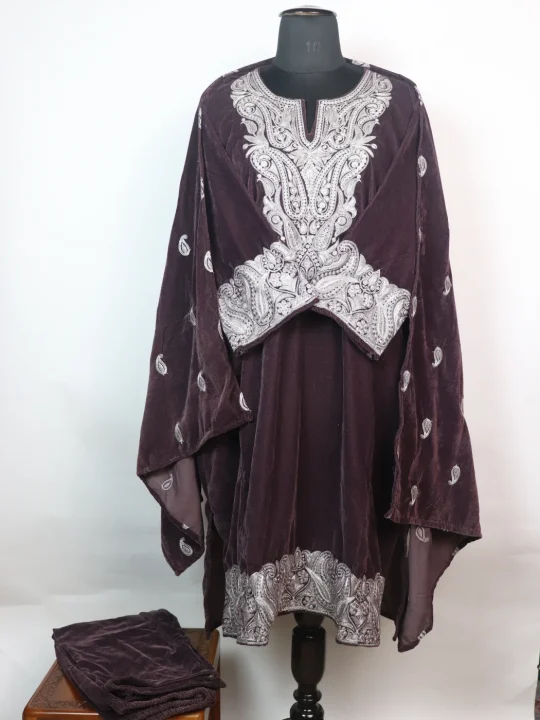 Alina Kashmiri 3 Piece Pheran Set In Velvet With Zari Tilla Embroidery | Chocolate Brown