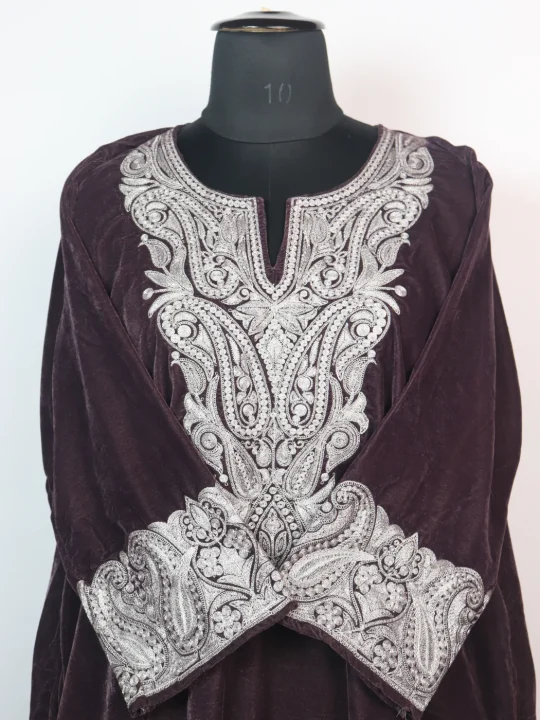 Alina Kashmiri 3 Piece Pheran Set In Velvet With Zari Tilla Embroidery | Chocolate Brown - Image 2