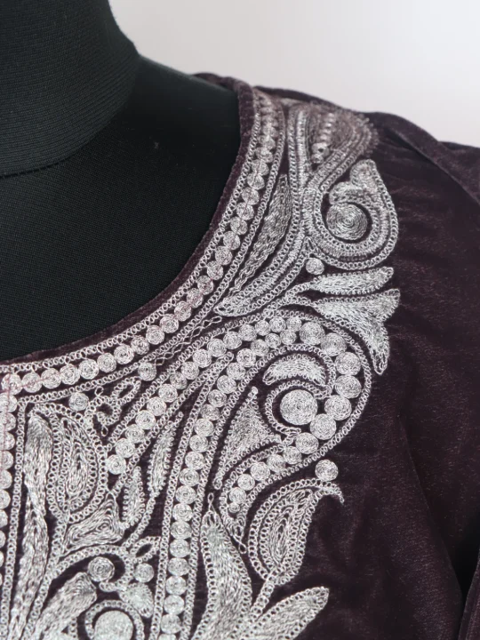 Alina Kashmiri 3 Piece Pheran Set In Velvet With Zari Tilla Embroidery | Chocolate Brown - Image 3