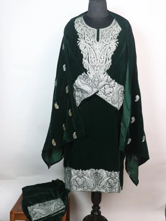 Eshal Kashmiri 3 Piece Pheran Set In Velvet With Zari Tilla Embroidery | Bottle Green