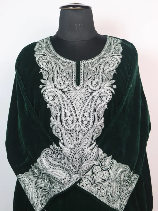 Eshal Kashmiri 3 Piece Pheran Set In Velvet With Zari Tilla Embroidery | Bottle Green - Image 2