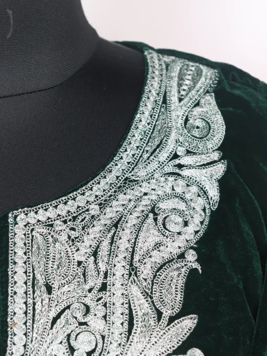 Eshal Kashmiri 3 Piece Pheran Set In Velvet With Zari Tilla Embroidery | Bottle Green - Image 3