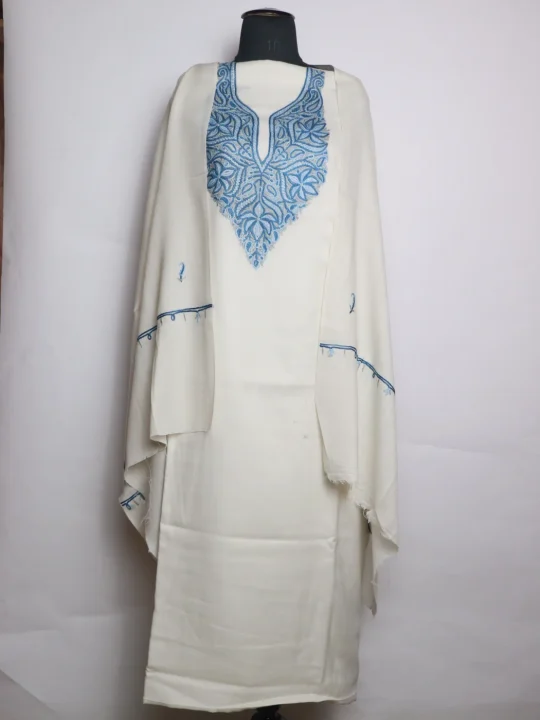 Rukhsana Kashmiri 3 Piece Unstitched Suit In Polywool With Hand Aari Embroidery | Off White