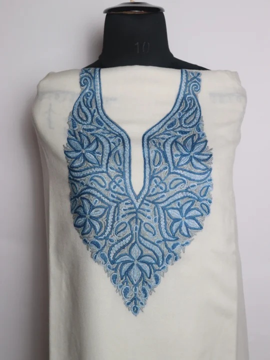 Rukhsana Kashmiri 3 Piece Unstitched Suit In Polywool With Hand Aari Embroidery | Off White - Image 2