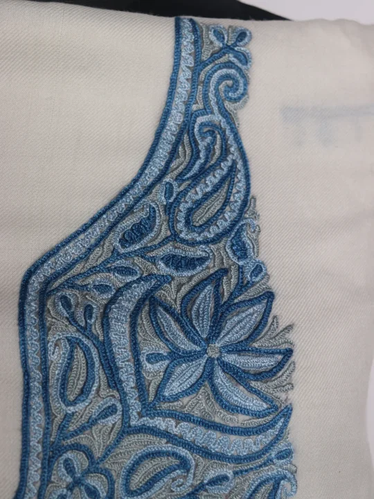 Rukhsana Kashmiri 3 Piece Unstitched Suit In Polywool With Hand Aari Embroidery | Off White - Image 3