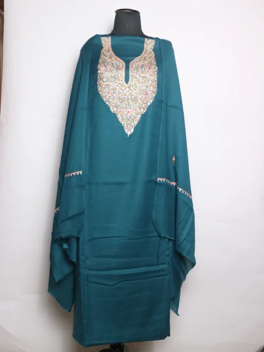 Farida Kashmiri 3 Piece Unstitched Suit In Polywool With Hand Aari Embroidery | Teal Blue