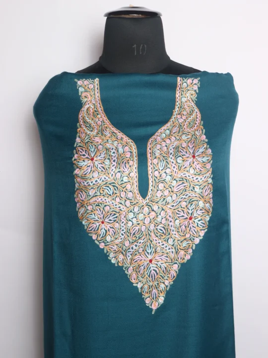 Farida Kashmiri 3 Piece Unstitched Suit In Polywool With Hand Aari Embroidery | Teal Blue - Image 2