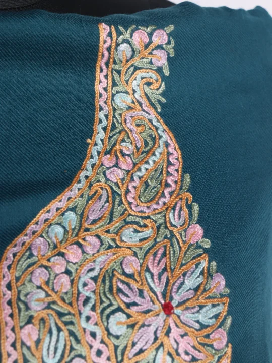 Farida Kashmiri 3 Piece Unstitched Suit In Polywool With Hand Aari Embroidery | Teal Blue - Image 3
