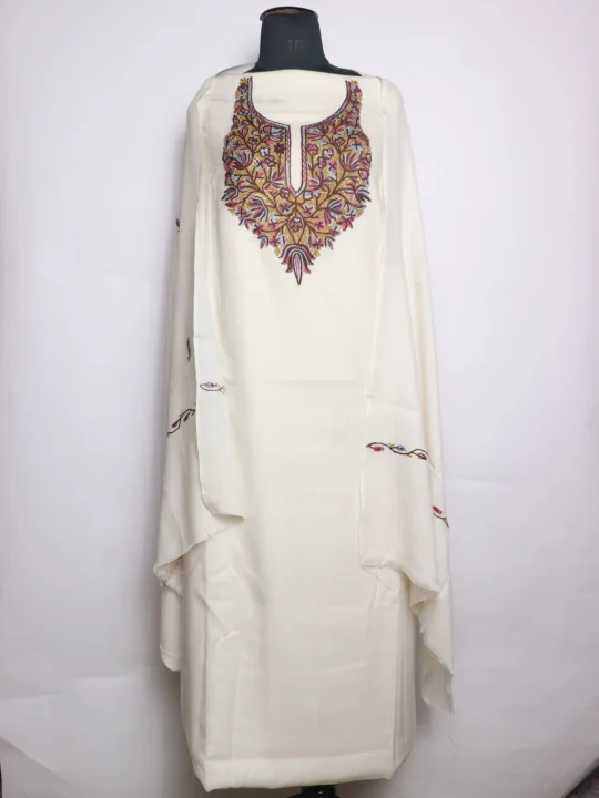 Nasreen Kashmiri 3 Piece Unstitched Suit In Polywool With Hand Aari Embroidery | White